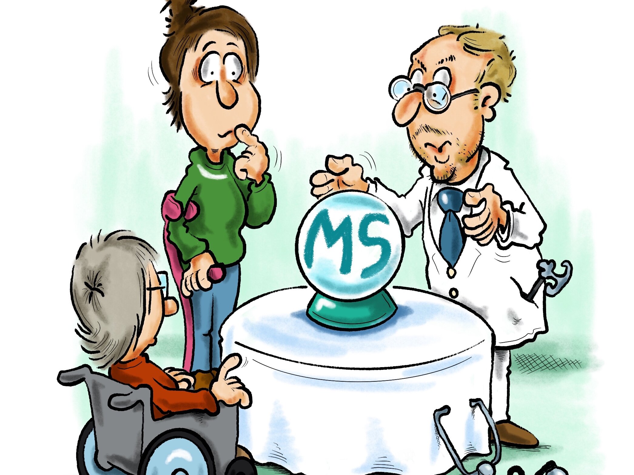 Zeichnung mit drei Menschen, die um eine Glaskugel herumstehen, in der "MS" steht.
