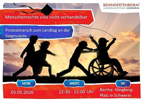 Europäischer Protesttag 2026 MV (Bild: Landtag MV) Silhouette von vier jungen Menschen, ein Mensch schiebt einen anderen Menschen im Rollstuhl. .